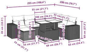 8 pcs conj. sofás jardim c/ almofadões vime PE cinzento-claro