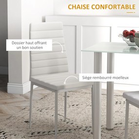 Conjunto de mesa de jantar com 4 cadeiras, tampo em vidro temperado, pés em aço, para cozinha e sala de estar, branco