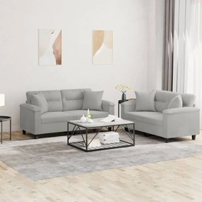 2 pcs conjunto sofás c/ almofadas tecido microfibra cinza-claro