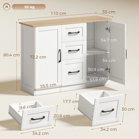 Aparador de sala 110 x 35 x 80,4 cm, móvel de arrumação com 2 portas com fecho suave e 3 gavetas, , branco e madeira natural