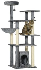 PawHut Arranhador Gatos Poste Sisal Cama Caverna Plataformas Brinquedos Suspensos 49x49x144 cm Cinza Durável Confortável | Aosom Portugal