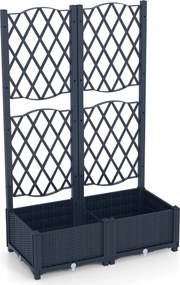 Floreira de jardim elevada dupla com treliça; floreira de plástico para exterior com orifícios de drenagem; vaso de jardim para pátio, cinzento