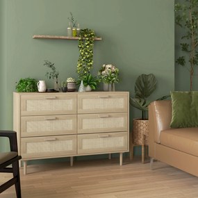 Cómoda com 6 gavetas, móvel de arrumação com trançado de vime, 110 x 40 x 75 cm, acabamento em madeira clara