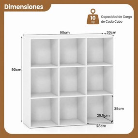 Estante de Cubos com 9 Compartimentos, 90 x 30 x 90 cm, Montagem Sem Ferramentas, Branco