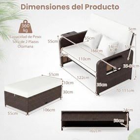 Conjunto de espreguiçadeira e sofá de rattan para jardim, 2 peças, com Pufe com espaço de arrumação, encosto ajustável e mesas dobráveis, castanho + b