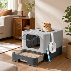 Caixa de areia gatos com gaveta 54,3 x 42,5 x 37,8 cm, caixa de areia em aço inoxidável, 2 entradas cinzento antracite