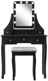 Mesa de toucador com espelho rectangular e banco com 10 lâmpadas LED 80 x 40 x 135,5 cm Preto