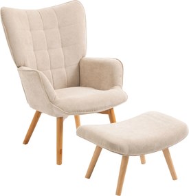 Poltrona com apoio para os pés, encosto alto, pernas de madeira e tecido com aspeto de veludo canelado, para sala de estar ou quarto, na cor bege