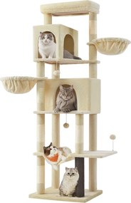 Arranhador gatos com 59 x 48 x 190 cm, com 2 cavidades e 2 recantos para descansar, cor bege areia
