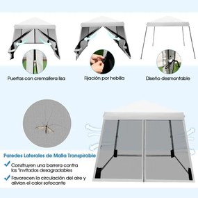 Tenda exterior dobrável instantânea de 3x3m com pernas inclinadas e paredes laterais ajustáveis com altura ajustável Branca