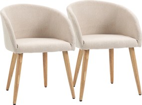 Conjunto de 2 cadeiras - Pernas inclinadas e afiladas em madeira de borracha - Assento, encosto e braços ergonómicos, acabamento em linho bege