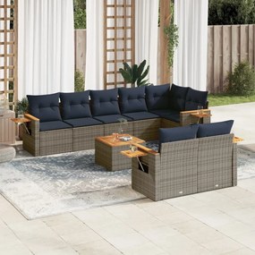 9 pcs conjunto sofás p/ jardim c/ almofadões vime PE cinzento
