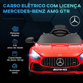 Carro Elétrico para Crianças Carro Mercedes-Benz AMG GTR com Bateria 12V Faróis  Buzina e Música 108x67x46 cm Vermelho
