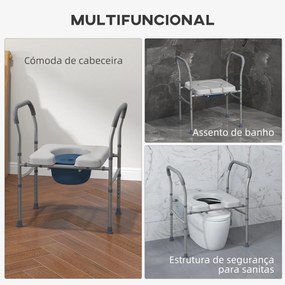 Cadeira Higiénica 4 em 1 Cadeira com Sanita de Alumínio Cadeira de Duche com Altura Ajustável 64x53x70-82 cm Cinza