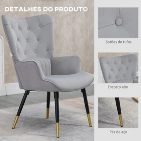 Poltrona Individual Poltrona Sala de Estar Estofada em Veludo com Encosto Alto Apoio para os Braços e Pés de Aço Estilo Moderno 68x72x103cm Cinza