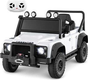 Jipe Land Rover Defender elétrico infantil 12V com comando à distância, suspensão completa, faróis e música para idades entre 3 e 8 anos, Branco