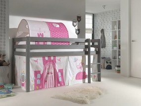 Conjunto Cama alta de Criança PINO 90 x 200 cm + estrado + escada + cortina + Tunel Princesa Cinzenta