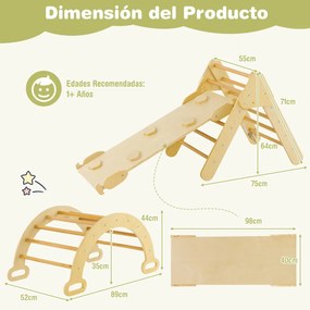 Triângulo de trepar em madeira 4 em 1 para crianças Jogo de trepar com triângulo/arco/alça para deslizar ou trepar Montessori Natural