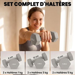 Conjunto de 3 Pares de Halteres Hexagonais, 31 x 9 x 28 cm, Suporte em Madeira, Cinzento-claro