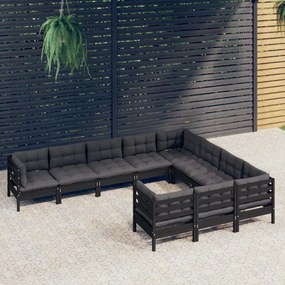 vidaXL 10 pcs conjunto lounge de jardim c/ almofadões pinho preto