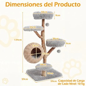 Árvore para Gatos de 5 Níveis, 59 x 59 x 134 cm, com Casota de Junco, Cinzento