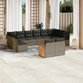 12 pcs conjunto de sofás jardim c/ almofadões vime PE cinzento