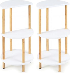 Conjunto de 2 mesas apoio redondas de bambu com 3 níveis e prateleiras de arrumação, para colocar na sala e no quarto, Branco + natural