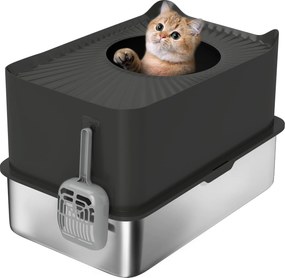Caixa de areia para gatos em aço inoxidável com 85 L de grande capacidade, casa de higiene semi-fechada, 60 x 40 x 38 cm, preta