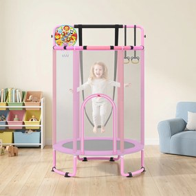 Trampolim Infantil, 140 x 140 x 214 cm, 6 em 1 com Acessórios de Brincadeira, Cor-de-rosa