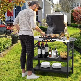 Carrinho de jantar para exterior com Estante ajustável Suporte ajustável para preparação de alimentos 106 x 52 x 84cm Preto e prateado