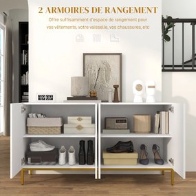 Aparador de design contemporâneo com motivos gráficos 140 x 40 x 75 cm, 2 armários com portas e prateleiras ajustáveis, em madeira branca e metal dour