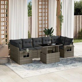 8 pcs conjunto sofás de jardim c/ almofadões vime PE cinzento