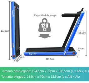 Passadeira dobrável elétrica portátil 2 em 1 2,25 HP 12 Km/h com coluna Bluetooth Controlo remoto Ecrã de LED Controlo de aplicativo para casa Azul