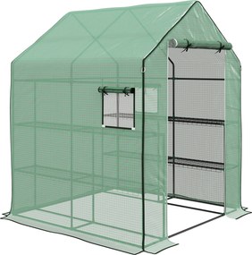 Estufa de jardim 140  x 143 x 190 cm com 1 porta, 1 janela e prateleiras de 3 níveis para legumes, plantas e flores; cobertura em PE Verde