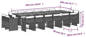 17 pcs conjunto de jantar p/ jardim c/ almofadões vime PE preto