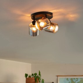 Candeeiro de teto spot preto com vidro fumê redondo 3-luzes ajustável - Laura