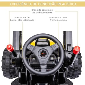 Trator Escavadora Elétrica para Crianças acima de 3 Anos Veículo Infantil com Pá Bateria 6V Música e Luzes 132x62x65 cm Preto e Amarelo