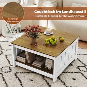 Mesa de centro de madeira 80 x 80 x 45 cm com 2 níveis, mesa quadrada para sala de estar em estilo rústico com espaço de arrumação. Natural e branco