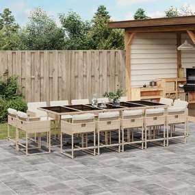 vidaXL 15 pcs conjunto de jantar p/ jardim com almofadões vime PE bege