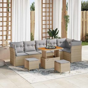 Conjunto de Sofá de Jardim vidaXL 9 Peças com Almofadas Bege Rattan Poliéster Acácia