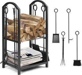 Conjunto de Suporte para Lenha e 4 Utensílios de Lareira, 44 x 30 x 74 cm, 2 Níveis de Armazenamento, Preto
