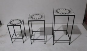 Suporte para Vasos de Metal 3 Peças Empilháveis Suporte para Plantas com Bancada de Azulejo Decorativa para Interiores e Exteriores 31,5x31,5x60,5 cm