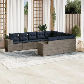 vidaXL 10 pcs conjunto sofás p/ jardim c/ almofadões vime PE cinzento