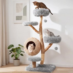Árvore para Gatos de 5 Níveis, 59 x 59 x 134 cm, com Casota de Junco, Cinzento