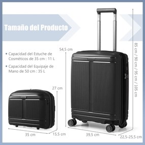 Conjunto 2 Malas de Viagem: mala de mão de 20“ e estojo cosmético de 14” com porta USB. Estrutura em PP com fechadura Preta