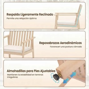 Conjunto 2 Cadeiras de Jantar jardim Madeira Acacia Almofada Removível Apoio de Braços Natural e Branco