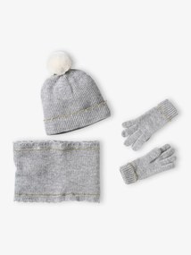 Agora -30%: Conjunto gorro + gola snood + luvas/mitenes, para menina cinza mesclado