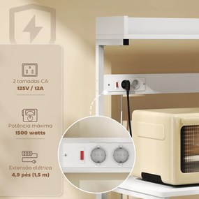 Armário de Cozinha com 2 Tomadas Prateleira para Micro-ondas Prateleira Ajustável Ganchos 60x42x137 cm Branco