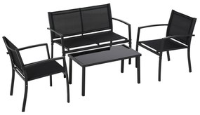 Outsunny Conjunto de Móveis de Jardim Conjunto de 4 Peças com 2 Poltronas 1 Sofá de 2 Lugares e Mesa de Centro com Tampo de Vidro Preto