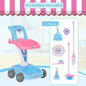 HOMCOM Carrinho de Limpeza para Crianças acima de 3 Anos com Robot Aspirador Elétrico com Luzes e Sons 23 Acessórios Incluídos 42x32x49,5cm Rosa e Azul